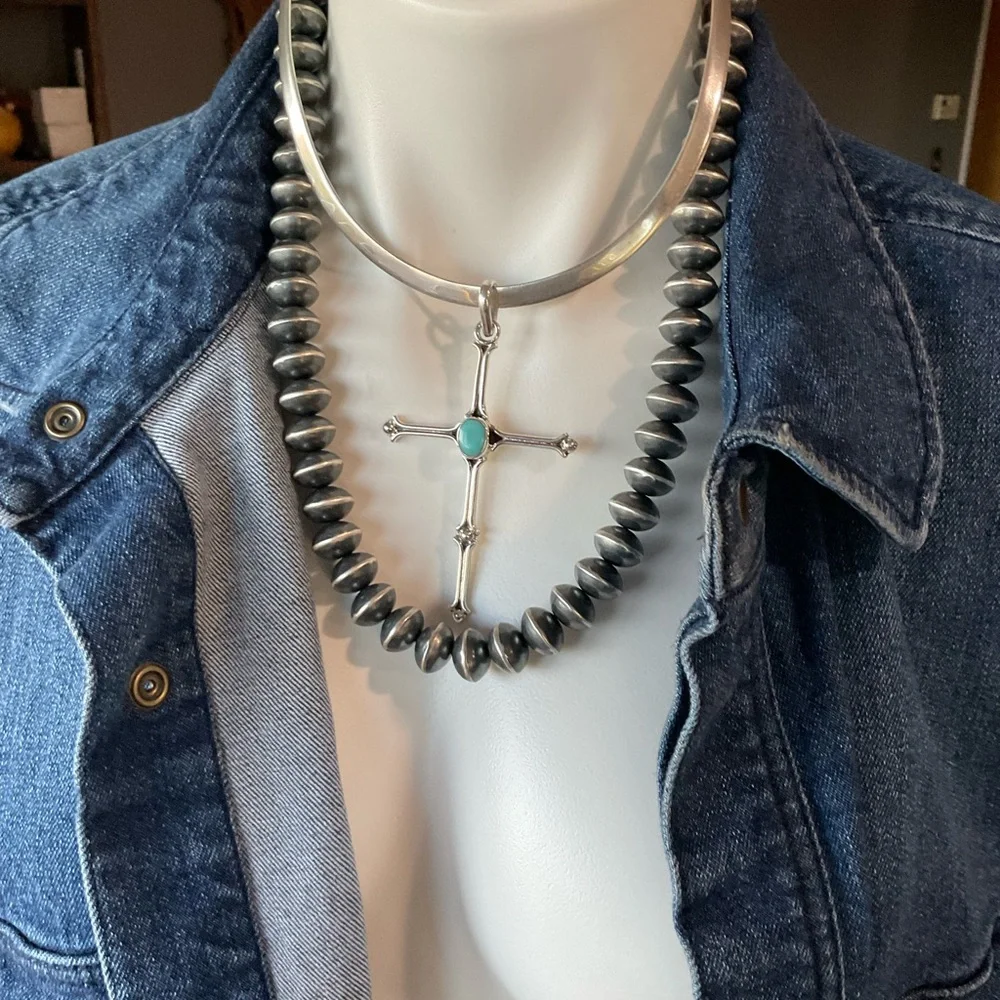 Taxco Silver Cross Necklace with Turquoise Center Stone - Picture 7 of 13
